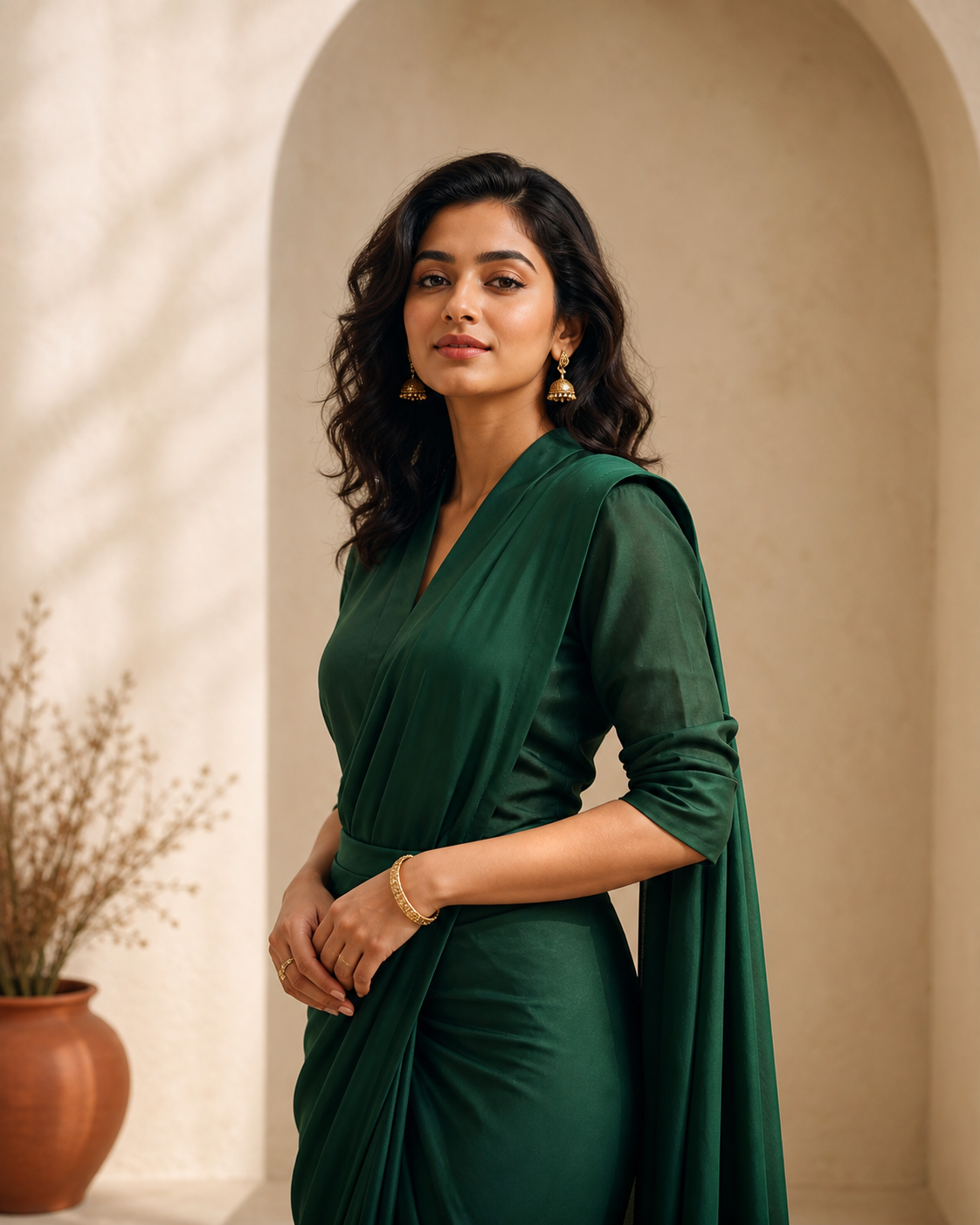 A stylish woman wearing an elegant emerald outfit